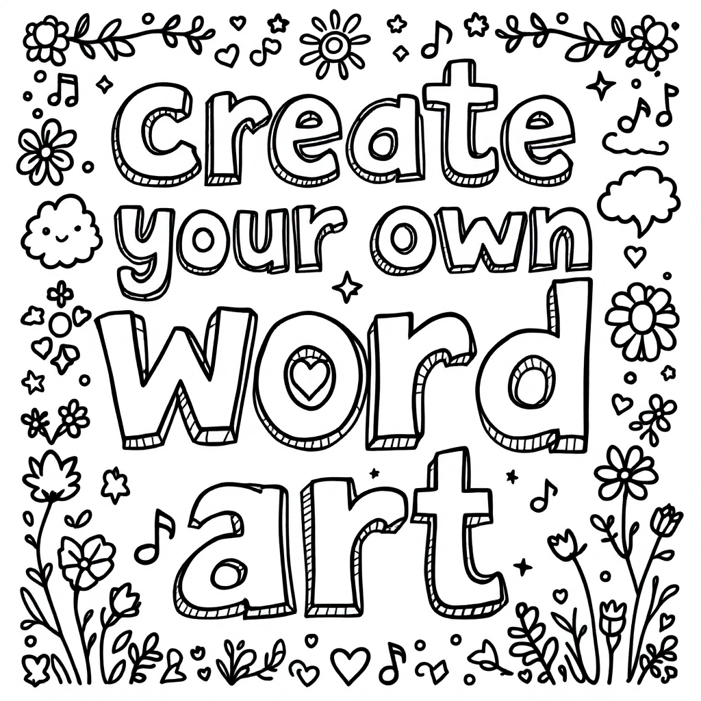 Word art coloring page example showing decorative text
